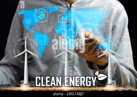 Technologie pour l'environnement utilisation d'une technologie respectueuse de l'environnement l'ingénieur conçoit des modèles d'éoliennes réseau d'énergie propre Banque D'Images