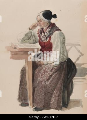 Femme en robe d'église, Ljusdahl, 1840. Femme en pleine figure, assise à une table avec un livre. Banque D'Images