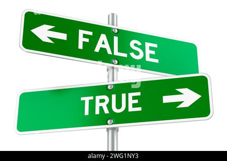 Faux ou vrai. Panneau de signalisation opposé, rendu 3D isolé sur fond blanc Banque D'Images