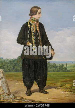 Agriculteur d'Amager, 1843. Costume folklorique gris-noir, chapeau à la main. Pantalon large, rapproché au niveau des chevilles, manteau déboutonné. Bordure multicolore sur les manteaux extérieurs et intérieurs. Boutons blancs, ressemblant à des fleurs. Écharpe bigarrée. Probablement une tenue de vacances à cause des couleurs riches, de la broderie et des nombreux boutons. Paysage avec un bâtiment blanc en arrière-plan. Ciel bleu vif. Banque D'Images