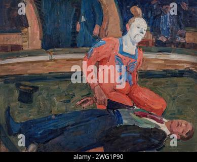 Il est mort, 1910 ans. Un clown dans un costume rouge et un visage peint en blanc est assis sur ses genoux dans l'arène. En face de lui se trouve un homme mort, peut-être le directeur du cirque comme le grand chapeau noir du défunt se trouve à côté de lui. Le clown prend le pouls du mort. En arrière-plan, le public quitte la performance. Banque D'Images