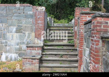 Monter un escalier en pierre négligé dans les bois de la Nouvelle-Angleterre Banque D'Images