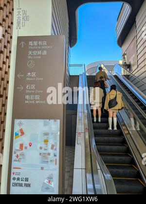 Shanghai, Chine, petites personnes de foule, adolescents chinois, marcher loin, 'Tai Koo Li', centre commercial, Architecture moderne, banlieue, Escalator Banque D'Images