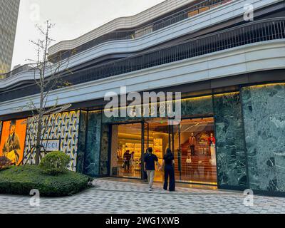 Shanghai, Chine, Tai Koo Li, Centre commercial, Architecture moderne, Suburbs, Gucci, magasin de luxe avant Banque D'Images
