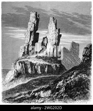 Formations rocheuses de Mittelsteine, faisant partie du mur rocheux de Teufelsmauer ou mur du Diable, dans les montagnes du Harz ou Highlands Allemagne. Vintage ou historique gravure ou illustration 1863 Banque D'Images