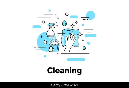Icône de ligne de serviette de nettoyage. Essuyez et désinfectez avec un chiffon de nettoyage et un spray. Vecteur Illustration de Vecteur