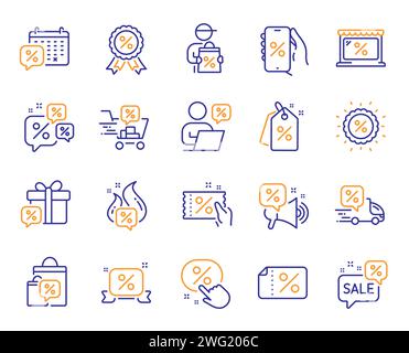 Icônes de ligne de remises. Coupon de solde, téléphone avec affiche de pourcentage, étiquette de prix de réduction. Vecteur Illustration de Vecteur