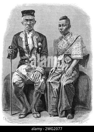 Portrait du roi Rama IV, roi du Siam ou de Thaïlande, alias roi Mongkut (1804-1868, règne 1851-1868) et Consort, Bangkok, Thaïlande. Gravure vintage ou historique ou illustration 1863 Banque D'Images