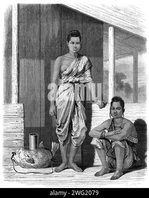 Femmes thaïlandaises portant des vêtements traditionnels, y compris pagne féminine, pha chung Hang ou chong kraden, Bangkok Thaïlande. Gravure vintage ou historique ou illustration 1863 Banque D'Images