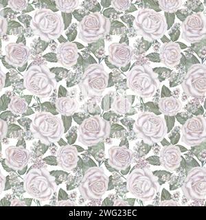 Motif aquarelle sans couture avec des roses blanches, feuilles vertes dans une palette pastel dans le style vintage pour mariage, anniversaire, Saint-Valentin, fête des femmes, Banque D'Images