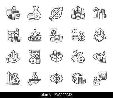 Icônes de ligne de financement. Pièces comptables, investissement budgétaire, icônes de stratégie commerciale. Gestion financière, gain budgétaire. Vecteur Illustration de Vecteur