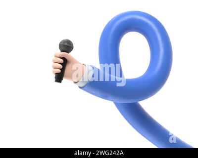 Icône de geste de dessin animé Mockup.Cartoon main tenant microphone .rendu 3D sur fond blanc.concept de bras longs. Banque D'Images