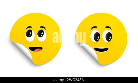 Expressions faciales de dessins animés sur des autocollants. Visage surpris, émotions intéressées tags. Personnage drôle avec des yeux, bouche. Vecteur Illustration de Vecteur
