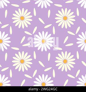 Ceci mettant en vedette un motif répété de marguerites de camomille blanche avec des centres jaunes sur fond violet doux, textile. Illustration de Vecteur