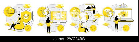 Illustrations de personnages d'affaires. Icônes de la ligne marketing. Collecte de l'idée d'affaires, de la cybersécurité et de l'argent. Vecteur Illustration de Vecteur