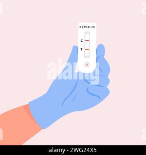 Un médecin en gants en latex tenant le test Covid-19 Rapid Antigen. Une main infirmière avec coronavirus Express Antidody résultat positif au test sanguin. Vector Illust Illustration de Vecteur