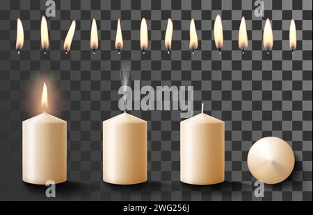 Ensemble de bougies parfumées cylindriques réalistes et flammes de feu avec mèche isolée sur fond transparent. Bougies allumées réalistes pour l'animation. 3D. Illustration de Vecteur
