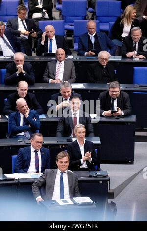 AFD Bundestag DEU, Deutschland, Allemagne, Berlin, 31.01.2024 Fraktion der AfD mit Vorsitzenden Bernd Baumann , Tino Chrupalla und Alice Weidel der AfD , alternative fuer Deutschland , waehrend der Debatte BEI einer Sitzung des Deutschen Bundestschen Bundestschen Berlin die Regierungserklaerung an den Deutschland en : Groupe parlementaire de l'AfD avec les présidents Bernd Baumann , Tino Chrupalla et Alice Weidel de l'AfD, alternative pour l'Allemagne, lors du débat lors d'une réunion du Bundestag allemand sur la déclaration du gouvernement au Bund Banque D'Images