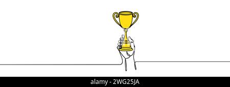 Coupe du gagnant à la main dans un style de ligne continue Illustration de Vecteur