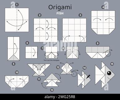 Tutoriel Origami pour les enfants. Origami poisson mignon. Illustration de Vecteur