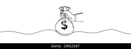 Main tenant le sac d'argent dollar dessin continu d'une ligne. Illustration vectorielle isolée sur blanc Illustration de Vecteur