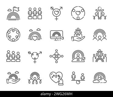 Icônes de ligne égalité, équité et diversité. Droits LGBT, égalité des chances et icônes des besoins respectifs. Vecteur Illustration de Vecteur