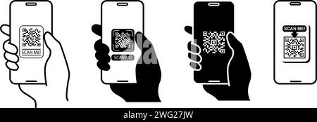 Code qr de balayage de téléphone via la conception d'illustration de dessin animé plat de vecteur d'icône d'application mobile Illustration de Vecteur