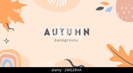 Modèle de bannière horizontale d'humeur d'automne. Fond abstrait tendance avec des feuilles de forêt de saison d'automne, des formes et des lignes griffonnées. Illustration vectorielle en f Illustration de Vecteur
