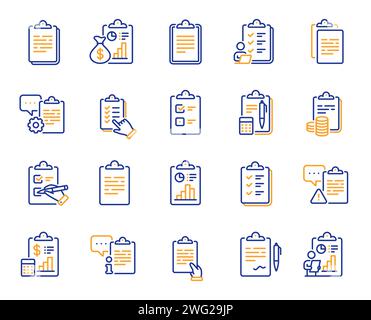 La liste de contrôle documente les icônes de ligne. Informations sur le contrat, Gestionnaire du presse-papiers, icônes Rapport comptable. Vecteur Illustration de Vecteur