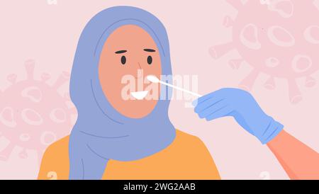 Une infirmière portant des gants en latex prend un test de prélèvement nasal. Test PCR Covid-19. Femme musulmane dans le hijab faisant le test de coronavirus par le médecin. Illustration vectorielle en fl Illustration de Vecteur