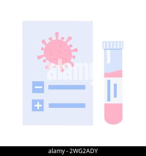 Résultat du test médical. Certificat Covid-19 avec icône de tube à essai. Bactéries coronavirus et document avec case à cocher positive ou négative. Vecteur plat el Illustration de Vecteur
