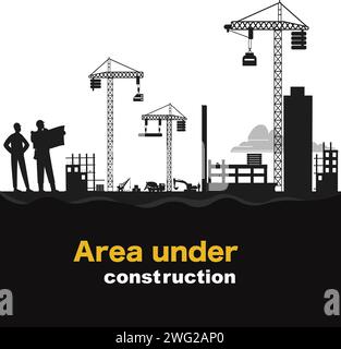 Silhouette noire d'un chantier isolé sur fond transparent. Grues de construction au-dessus des bâtiments. Illustration de Vecteur