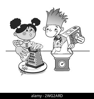 Art noir et blanc, fille noire, garçon blanc, enfants d'âge préscolaire cuisiner ensemble, apprendre à cuisiner, fabrication de limonade, râpe, citrons, sucre, écailles à mesurer Banque D'Images