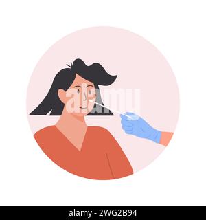 Un médecin ou une infirmière portant des gants en latex prélève un échantillon de laboratoire nasal sur une patiente. Test PCR Covid-19. Femme faisant des tests de coronavirus. Vecteur I Illustration de Vecteur