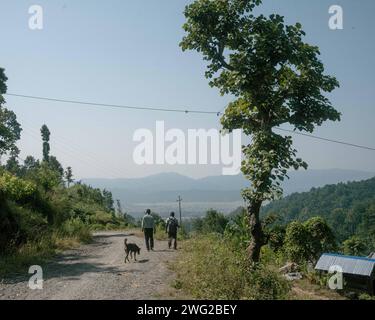 Deux hommes et un chien marchent sur une route de montagne poussiéreuse entourée de végétation verdoyante à Birendranagar, province de Karnali, Népal occidental. Banque D'Images