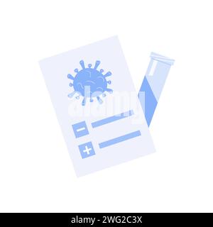Résultat du test médical. Certificat Covid-19 avec icône de tube à essai. Bactéries coronavirus et document avec case à cocher positive ou négative. Vecteur plat el Illustration de Vecteur