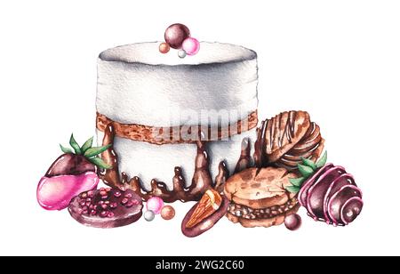 Aquarelle desserts dessinés à la main et gâteau isolé. Bonbons, pâtisseries, gâteaux, fraises enrobées de chocolat, chocolat pour les conceptions de logo, cartes, invitati Banque D'Images