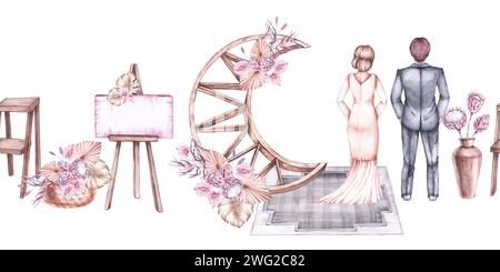 Motif de mariage horizontal aquarelle avec jeunes mariés et arc de mariage et accessoires dans des tons pastel dans le style Boho. Patron de mariage Bohemian pour le Banque D'Images