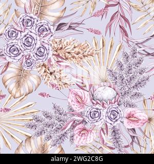 Motif tropical aquarelle avec des feuilles de palmier sèches et des fleurs dans des tons pastel dans le style Boho. Motif bohème avec des plantes tropicales pour la conception de f Banque D'Images