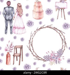 Motif de mariage aquarelle avec jeunes mariés et arc de mariage et accessoires dans des tons pastel dans le style Boho. Patron de mariage Bohemian pour la conception de Banque D'Images