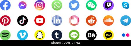 Ensemble d'icônes d'applications sociales populaires avec des coins arrondis. Facebook, Instagram, Twitter, Youtube. Illustration de Vecteur