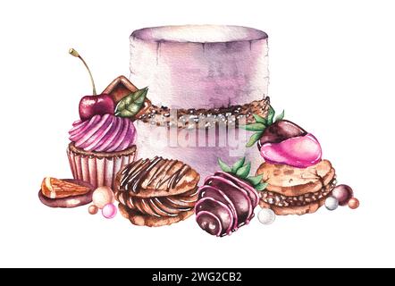 Aquarelle desserts dessinés à la main et gâteau isolé. Bonbons, pâtisseries, gâteaux, fraises enrobées de chocolat, chocolat pour les conceptions de logo, cartes, invitati Banque D'Images