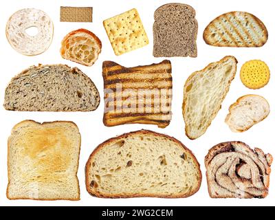 Collection de pain tranché isolé sur fond blanc, diverses tranches de pain vues d'en haut, vue de dessus gros plan de la nourriture Banque D'Images