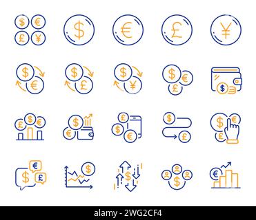 Icônes de ligne de devise. Argent comptant, transfert Euro Dollar et icônes de change de devises. Vecteur Illustration de Vecteur
