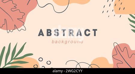 Modèle de bannière horizontale Boho automne. Fond abstrait tendance avec des feuilles de forêt de saison d'automne, des plantes tropicales et des formes géométriques. Cadre vectoriel Illustration de Vecteur