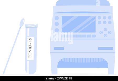 Machine PCR Covid-19 RT, tube à essai et échantillon d'écouvillon. Thermocycleur pour le test coronavirus. Thermocycleur pour réaction en chaîne par polymérase. Amplificateur d'ADN. Illustration de Vecteur