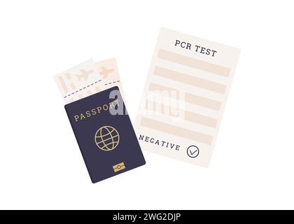 Concept de voyager avec certificat PCR Covid-19 pré-voyage. Un passeport avec les billets d'embarquement des compagnies aériennes et le document de résultat des tests de coronavirus. Vect Illustration de Vecteur