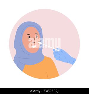 Un médecin ou une infirmière portant des gants en latex prélève un échantillon de laboratoire nasal sur une patiente. Test PCR Covid-19. Femme musulmane dans le hijab faisant coronavirus t Illustration de Vecteur