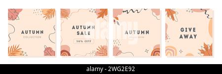 Ensemble de cartes vectorielles minimales avec des formes géométriques et des feuilles automnales de forêt. Modèles de post abstraits à la mode pour les médias sociaux. Vente d'automne carré bann Illustration de Vecteur