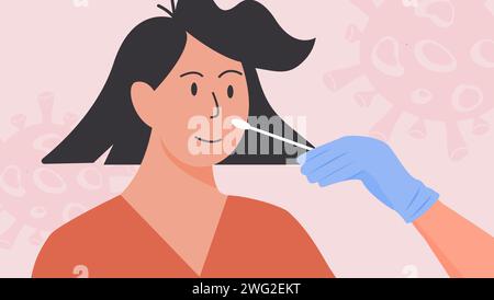 Un médecin ou une infirmière dans des gants en latex prend le test de prélèvement nasal. Test PCR Covid-19. Femme faisant le dépistage du coronavirus en clinique. Illustration vectorielle en sty plat Illustration de Vecteur